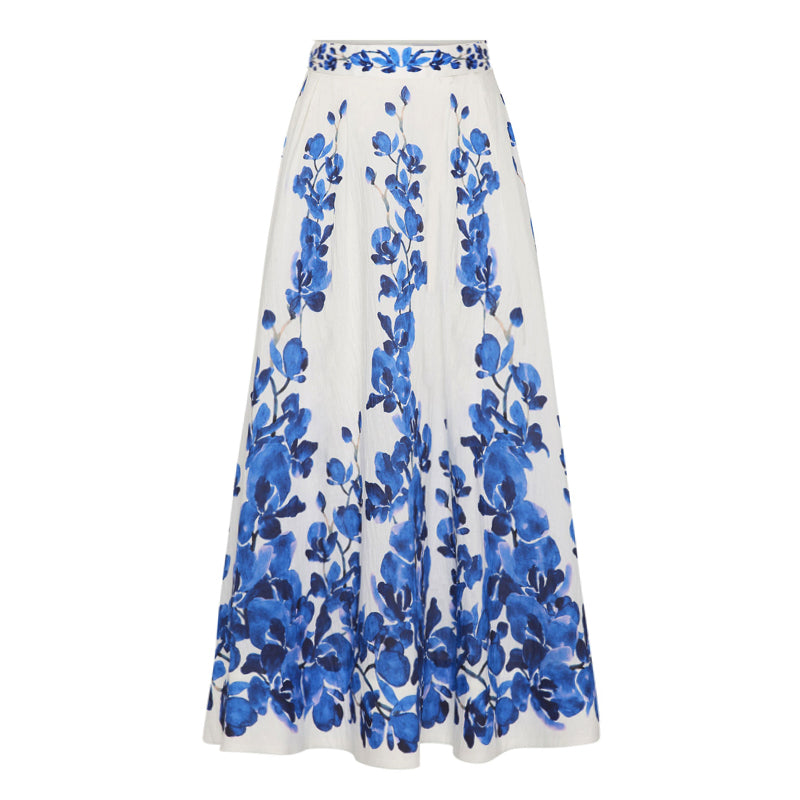 Printed Long-sleeved One Piece Swimsuit and Skirt	
