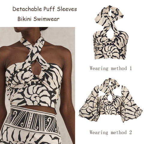 Detachable Puff Sleeves Printed High Waist Bikini Swimsuit and Skirt