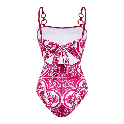 Sling Classic Majolica Series Pattern Print One Piece Swimsuit and Skirt or Shorts	
