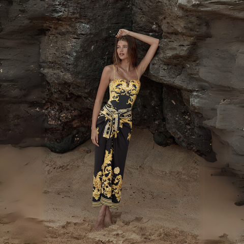 Vintage Black Gold Baroque Print Metal chain small V-neck One Piece Swimsuit and Skirt
