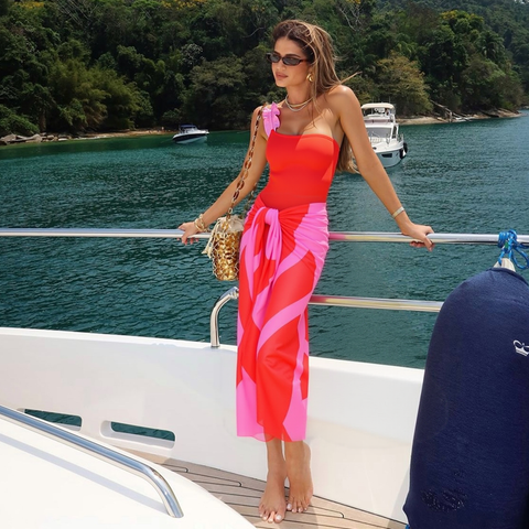 One Shoulder Color Block One Piece purple	