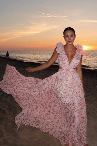 Backless V Neck Printed Dress