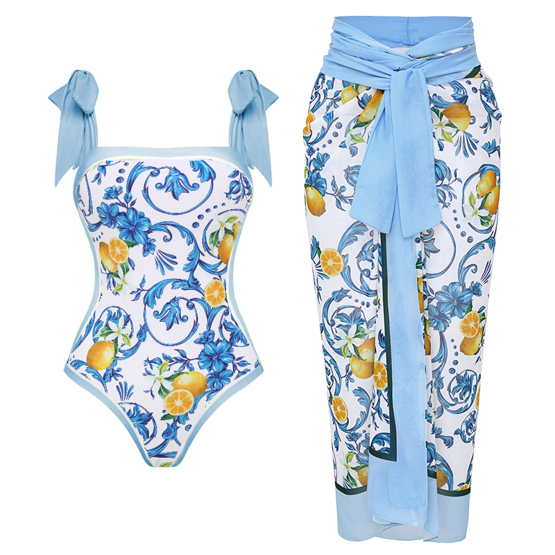 Lemon Print Tie-shoulder One Piece purple or Skirt Flaxmaker	