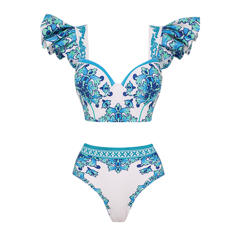 Ruffle Majolica Print Bikini Swimsuit and Sarong or Pants	