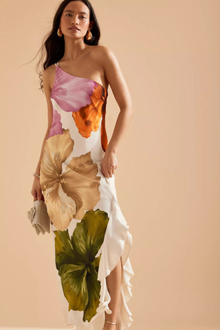Oblique Shoulder Blossom Print Dress