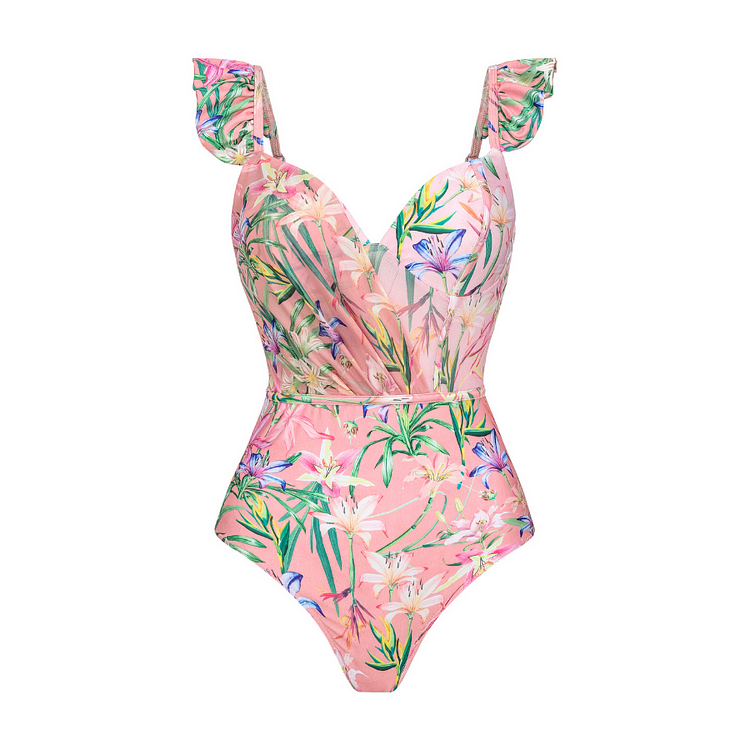 Floral Print One Piece Swimsuit and Mesh Splicing Skirt Flaxmaker	