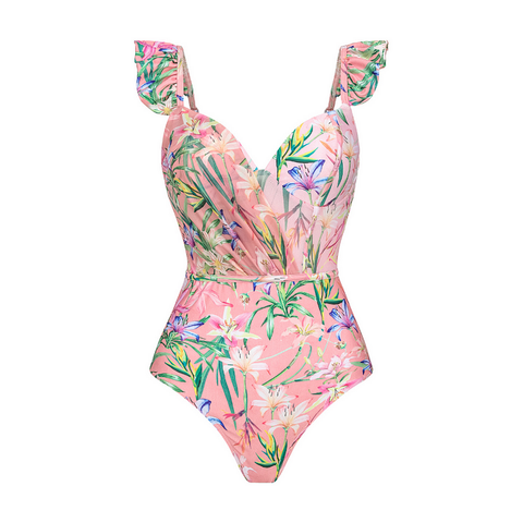V Neck Floral Print One Piece Swimsuit and Mesh Splicing Skirt
