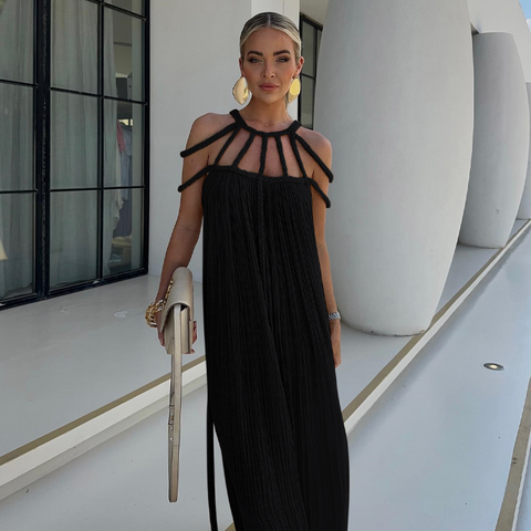 Off Shoulder Halter Maxi Dress(With Belt)