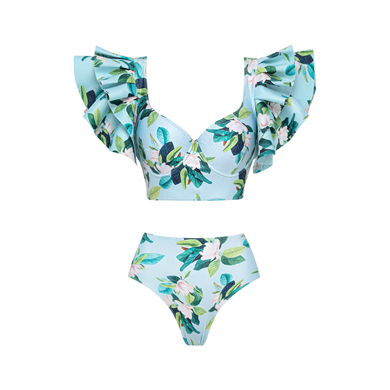 Ruffle Mangnolia Print Bikini Swimsuit and Skirt	
