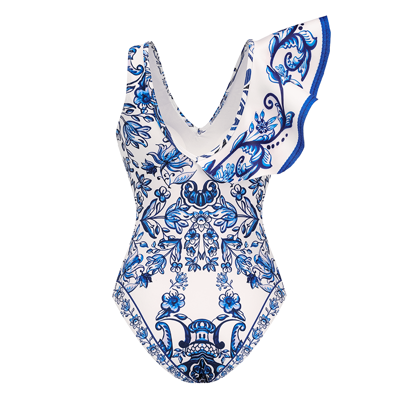Ruffle V Neck Blue and White Porcelain Majolica Pattern Print One Piece Swimsuit and Skirt or Sarong	