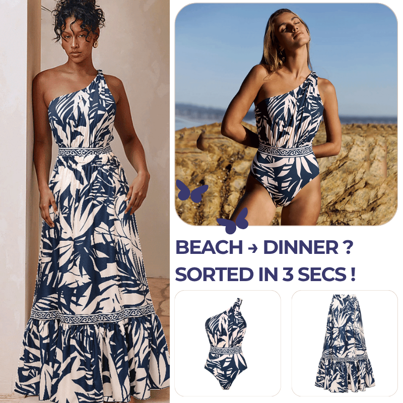 One SHoulder Leaves Print One Piece Swimsuit and Pants	