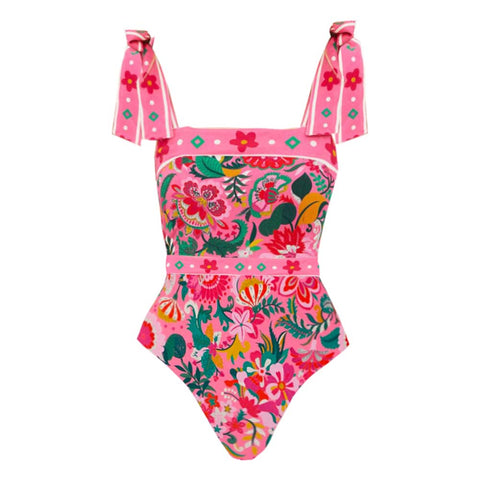 Pink Floral Paradise Print One Piece Swimsuit and Skirt	