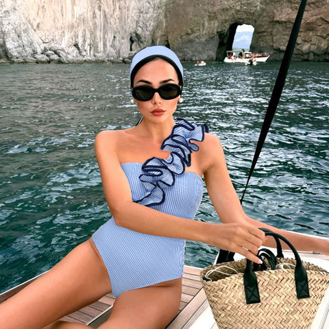 One Shoulder Ruffle Stripe Print One Piece Swimsuit and Skirt