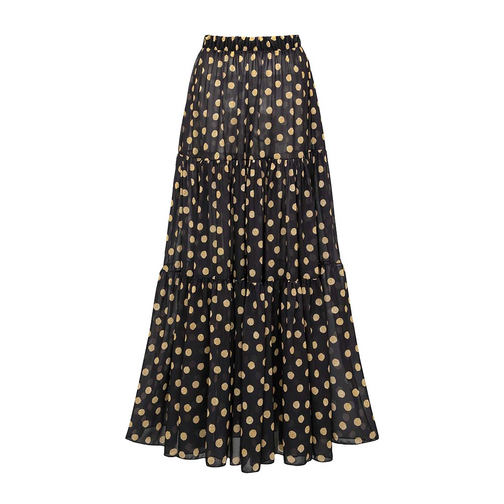 Black and Gold Polka Dots V-neck One Piece Swimsuit and Skirt	