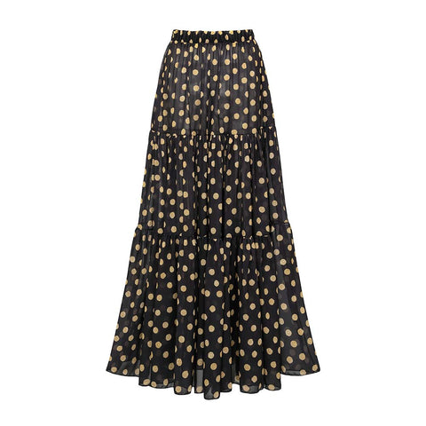 Black and Gold Polka Dots V-neck One Piece Swimsuit and Skirt	