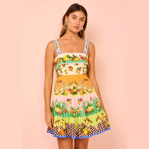 Sling Sleveeless Fruit Printed Mini Dress