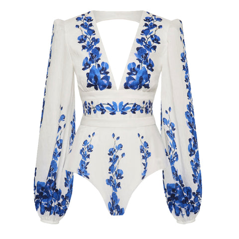 Printed Long-sleeved One Piece Swimsuit and Skirt	