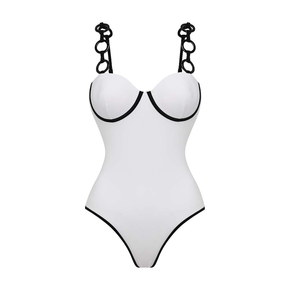Ring Decoration White One Piece Swimsuit and Skirt	