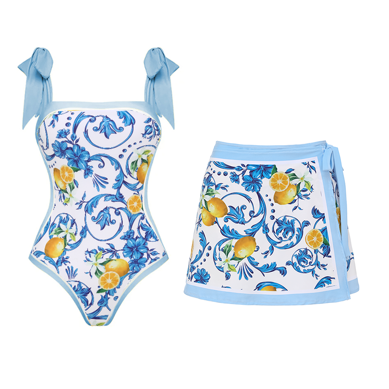 Lemon Print Tie-shoulder One Piece purple or Skirt Flaxmaker	