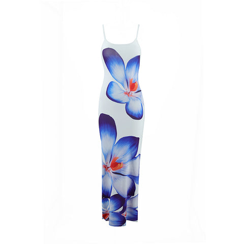 Sling Backless Blossom Print Slit  Dress