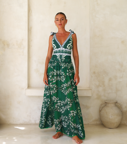 Green V Neck Lace Up Printed One Piece Swimsuit and Skirt