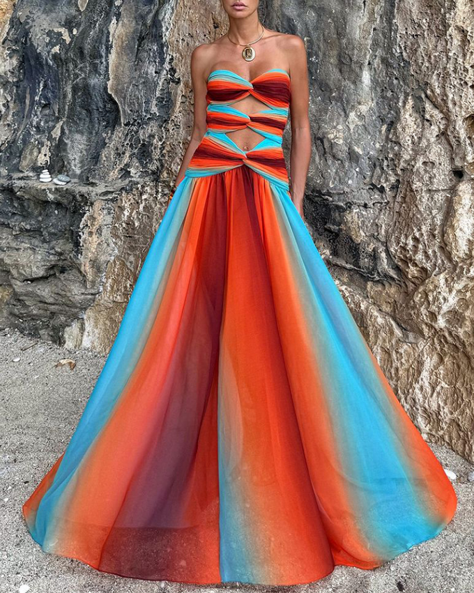 Blue-Orange Gradient Hollow One Piece Swimsuit and Skirt	