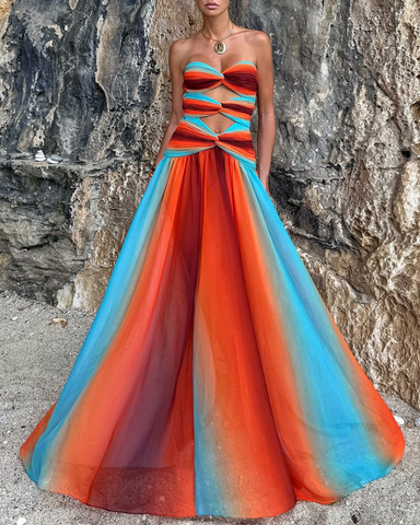 Blue-Orange Gradient Hollow One Piece Swimsuit and Skirt	