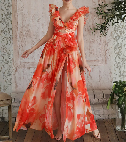 Ruffle Shoulder Flower Print One Piece Swimsuit and Skirt