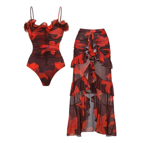 Lily Contrast Print Fabric Patchwork One Piece Swimsuit and Skirt	