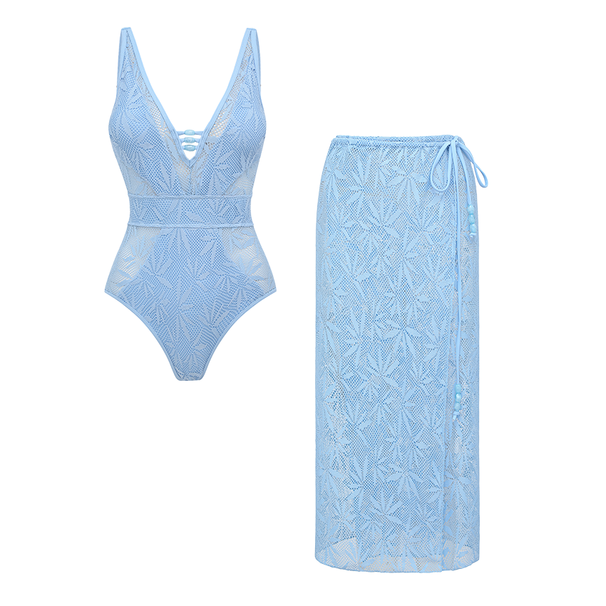V-neck Blue Lace Hollow Out Swimsuit Set(s)	