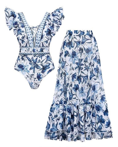 V Neck Ruffle Lace Up Printed One Piece Swimsuit and Skirt