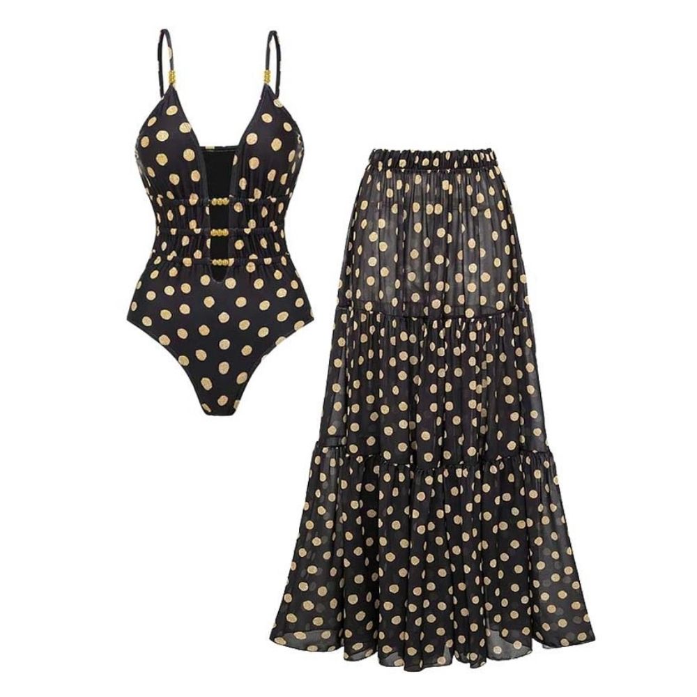 Black and Gold Polka Dots V-neck One Piece Swimsuit and Skirt	