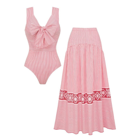 Bowknot Striped Print One Piece Swimsuit and Skirt