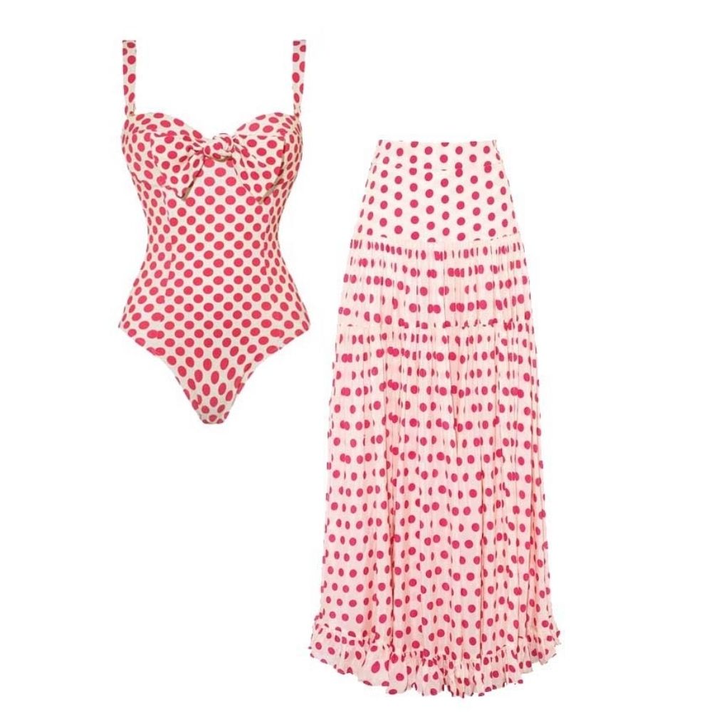 Bowknot Polka Dot Print One Piece Swimsuit and Skirt	