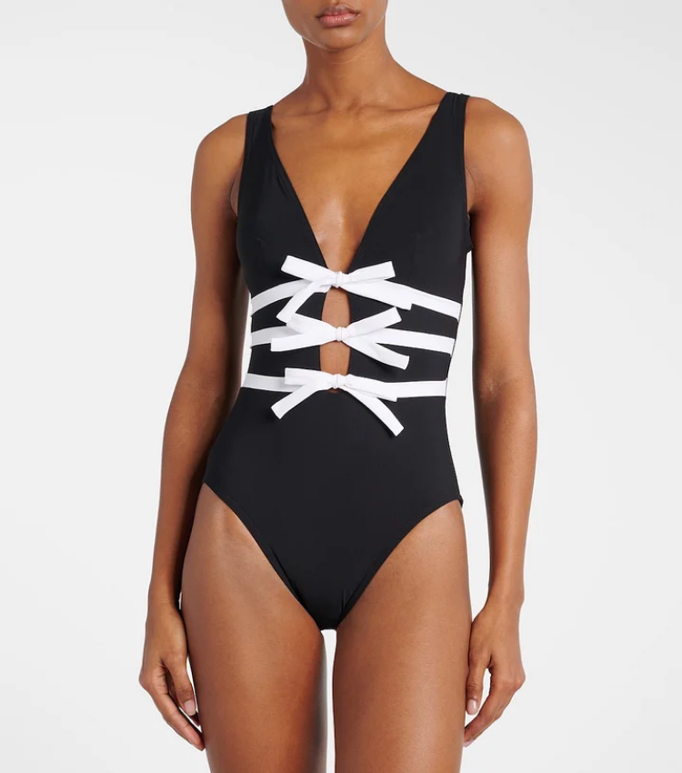 Bowknot Decor Black One Piece Swimsuit and Skirt	