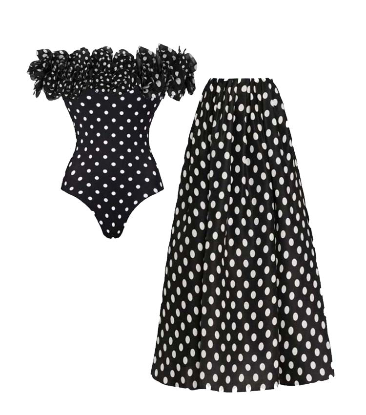 Bandeau Polka Dot Print One Piece Swimsuit and Skirt	