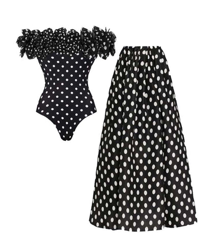 Bandeau Polka Dot Print One Piece Swimsuit and Skirt	
