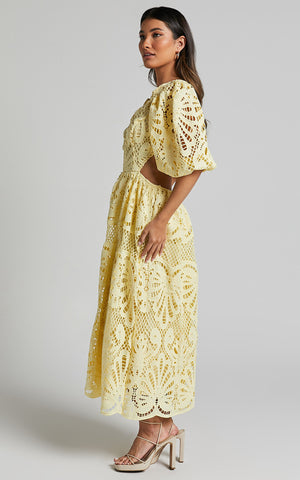 V Neck Puff Sleeve Lace Dress