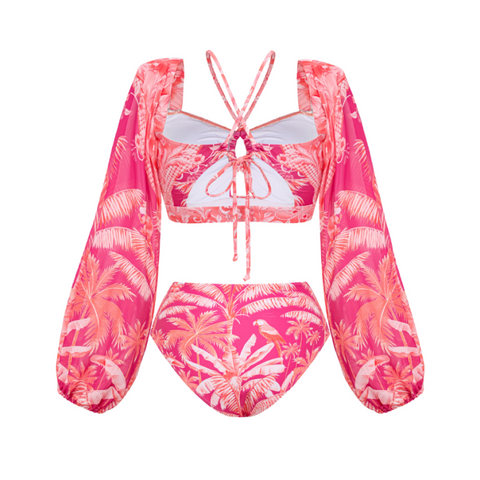 Long-sleeved Tropical Jungle Print Bikini Swimsuit and Sarong