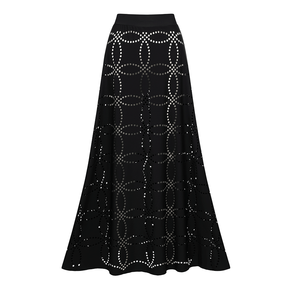 Underwired Black Ruffle Laser Cutting Flower One Piece Swimsuit and Skirt	
