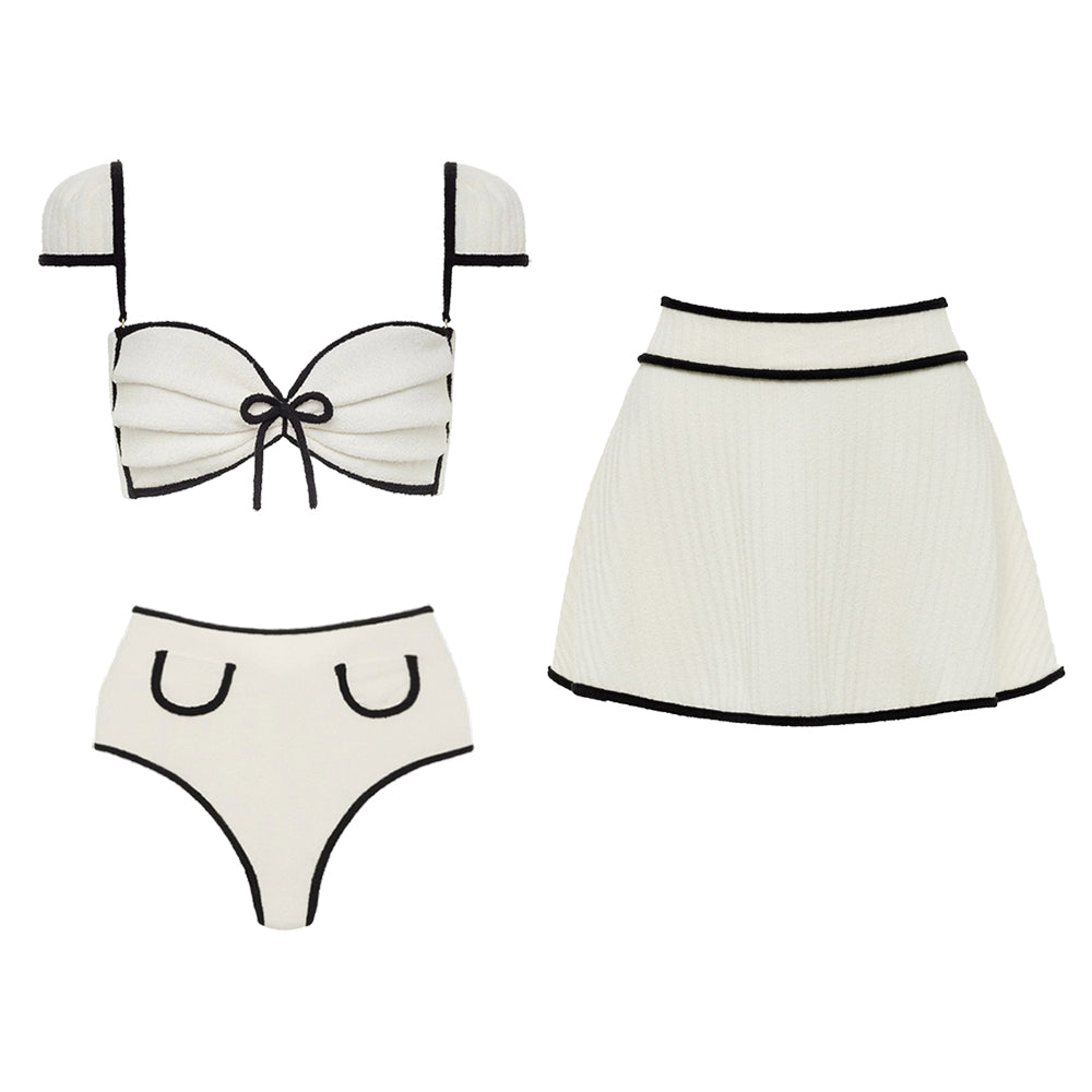 Ivory Black Trim High Waist Bikini Swimsuit and Skirt Flaxmaker	