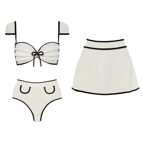 Ivory Black Trim High Waist Bikini Swimsuit and Skirt Flaxmaker	