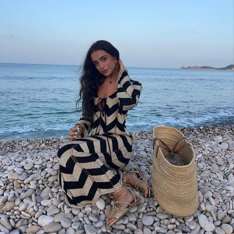 Lace Up Striped Print  Dress
