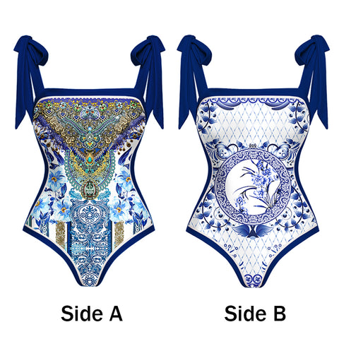 Reversible Tie-shoulder One Piece Swimsuit and Sarong