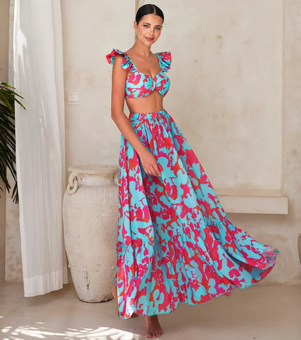 Printed Ruffled Starp High Waist Bikini Swimsuit and Skirt