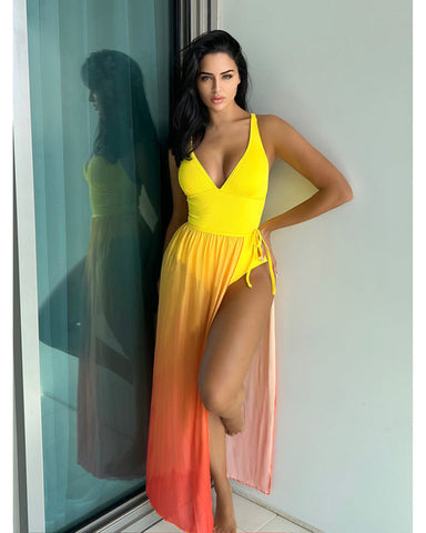 Sling Solid Color One Piece Swimsuit and Skirt