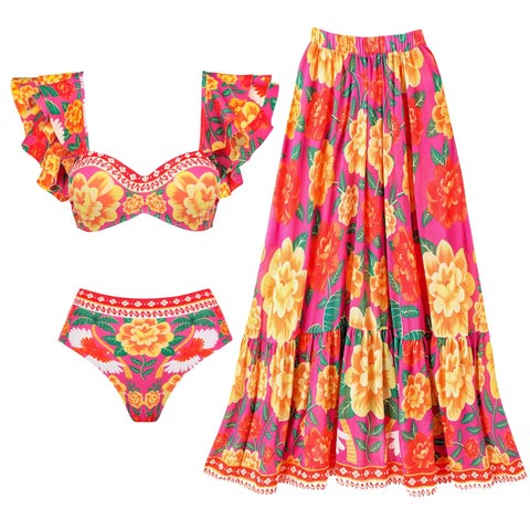 Ruffle Contrast Print Bikini Swimsuit and Skirt