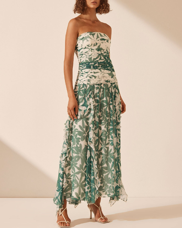 Bandeau Ruffle Printed Dress