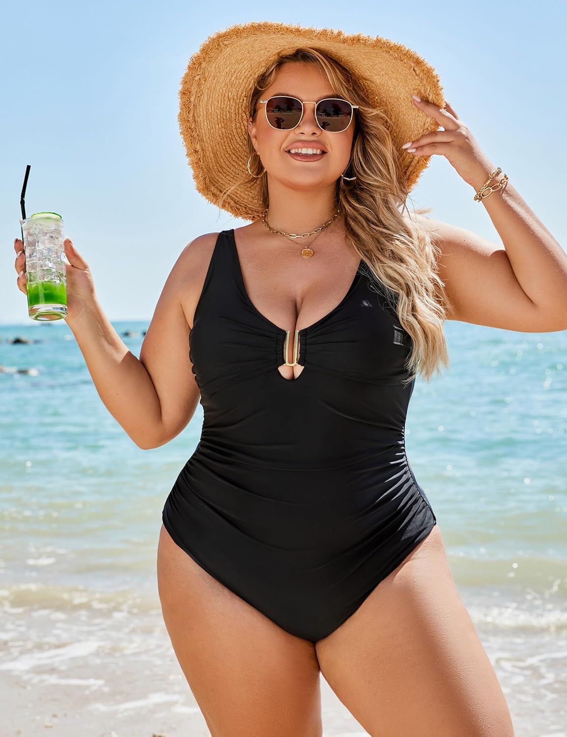 Vibecurve® Women's Tummy Control Swimsuits Ruched Slimming One Piece Bathing Suit Deep V Neck Swimsuit	