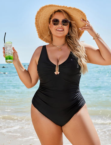 Vibecurve® Women's Tummy Control Swimsuits Ruched Slimming One Piece Bathing Suit Deep V Neck Swimsuit	